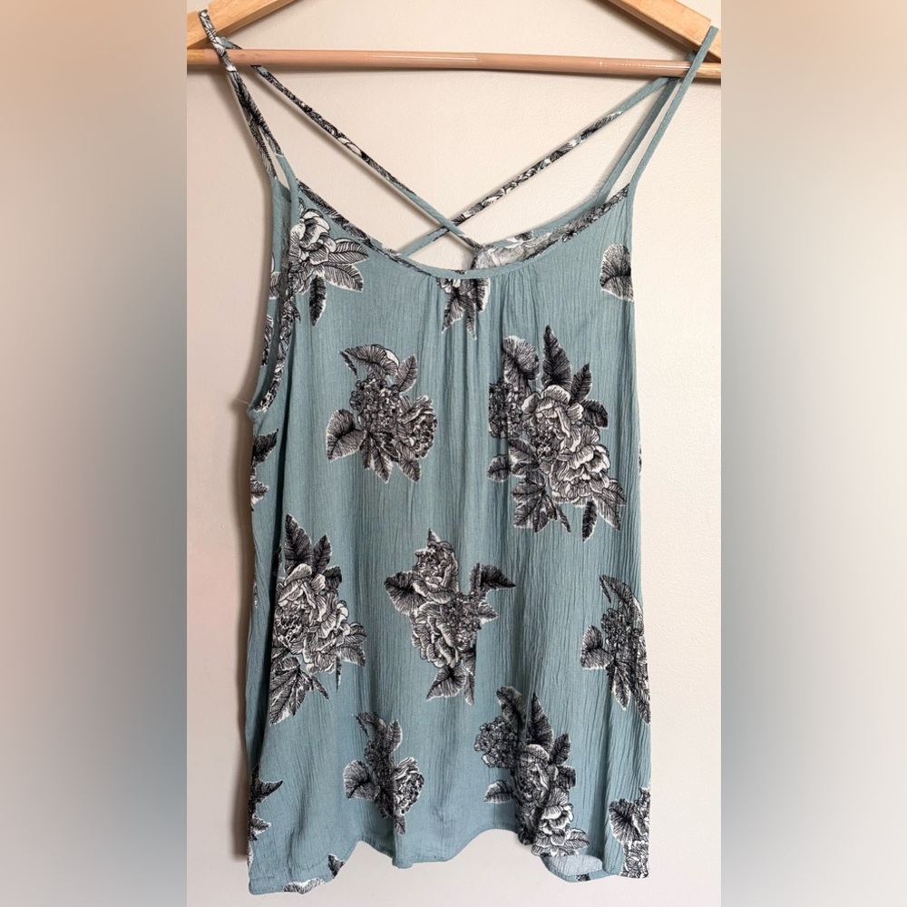 Kaleigh Teal Floral Tank Top Crisscross Back Flowy Cami Boho Medium